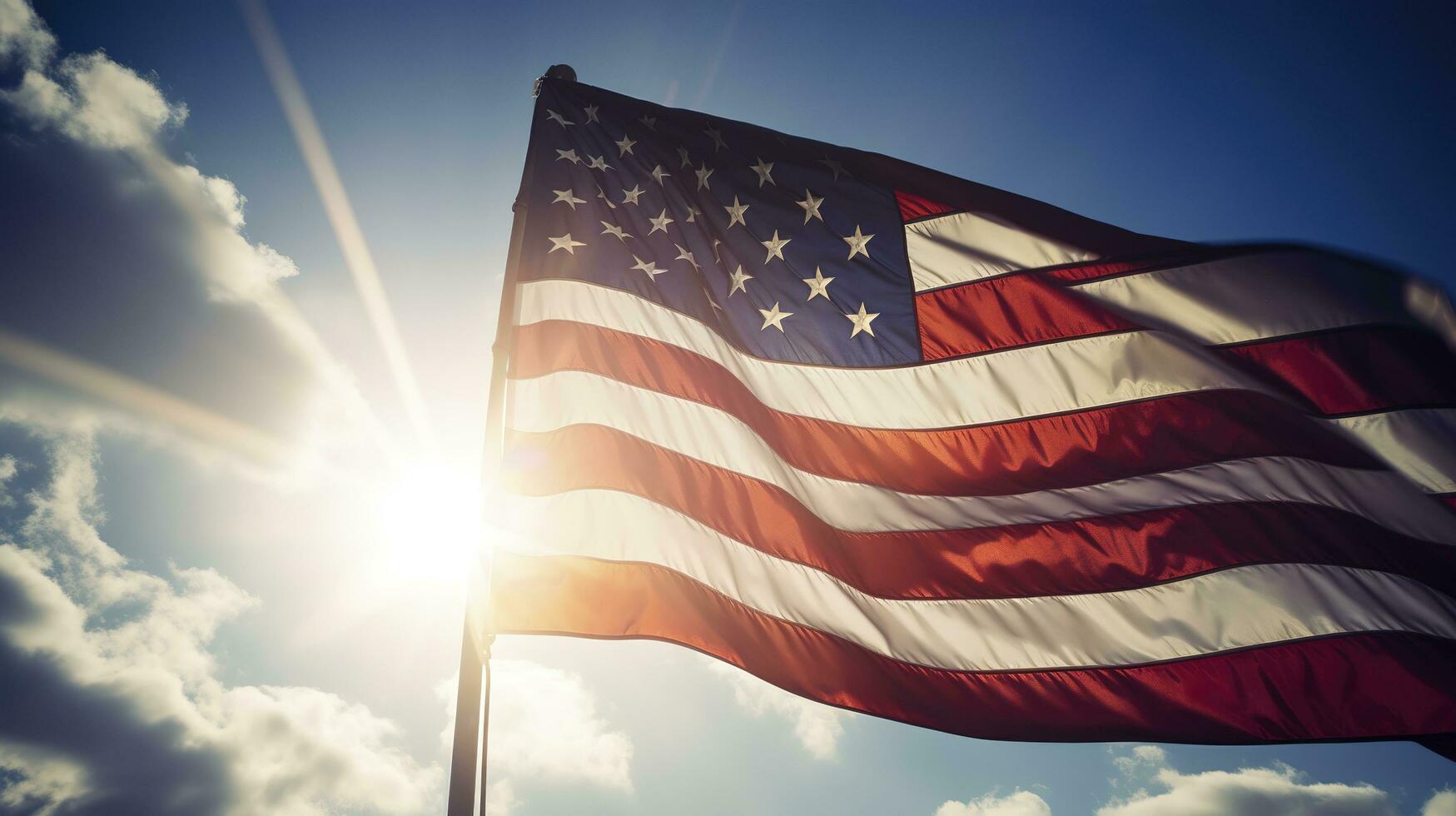 Backlit us national flag flying and waving in the wind over gray stormy cloudy sky, symbol of american patriotism, low angle, generate ai photo