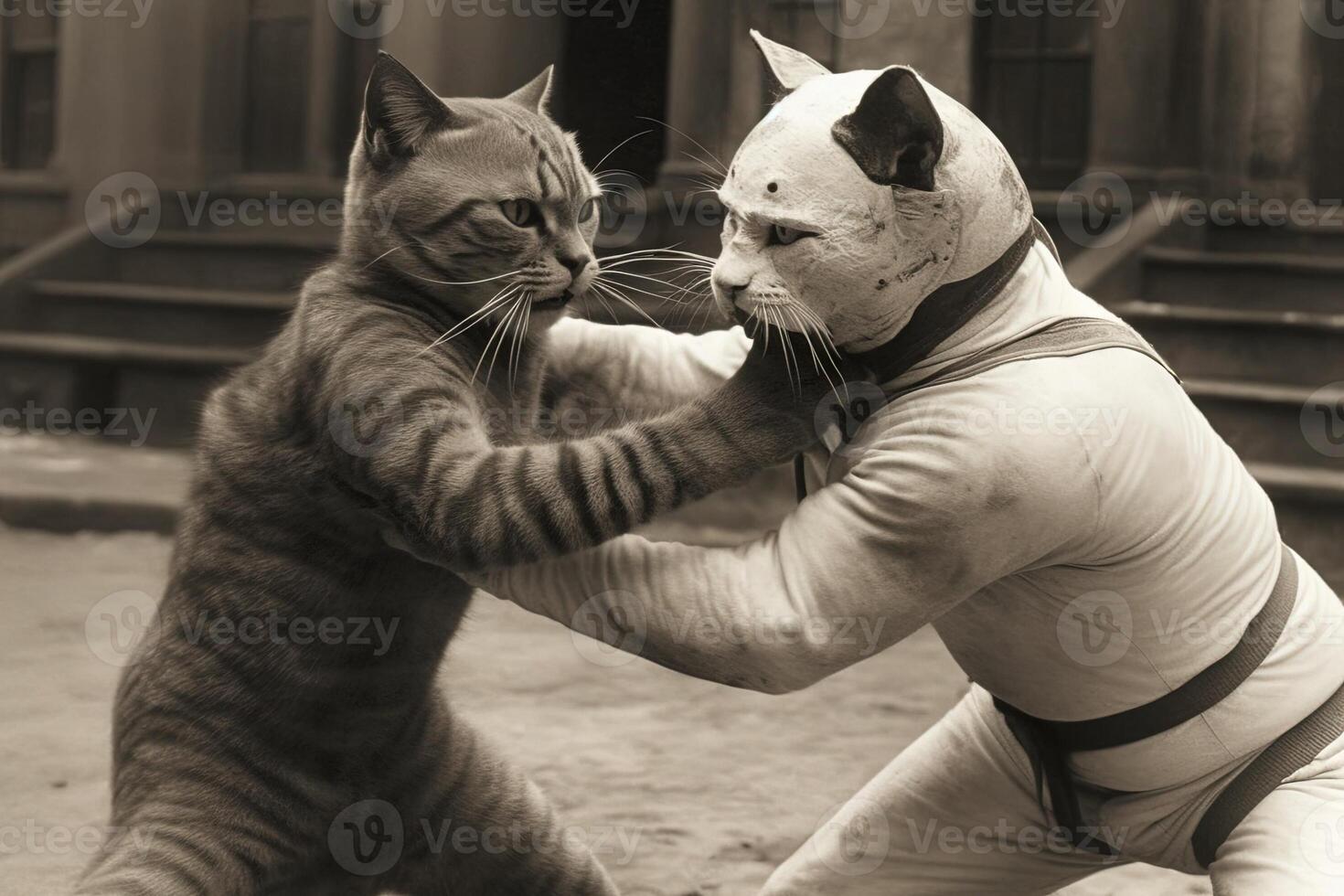 Cat wrestler wearing a wrestling costume fighting in the street 1920s