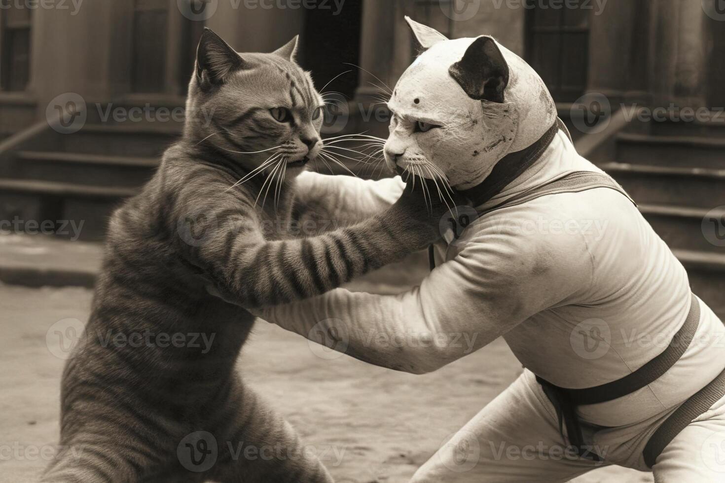 Cat wrestler wearing a wrestling costume fighting in the street 1920s style illustration photo