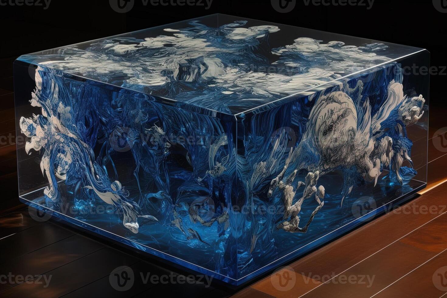 design table with block of ice and resin illustration photo