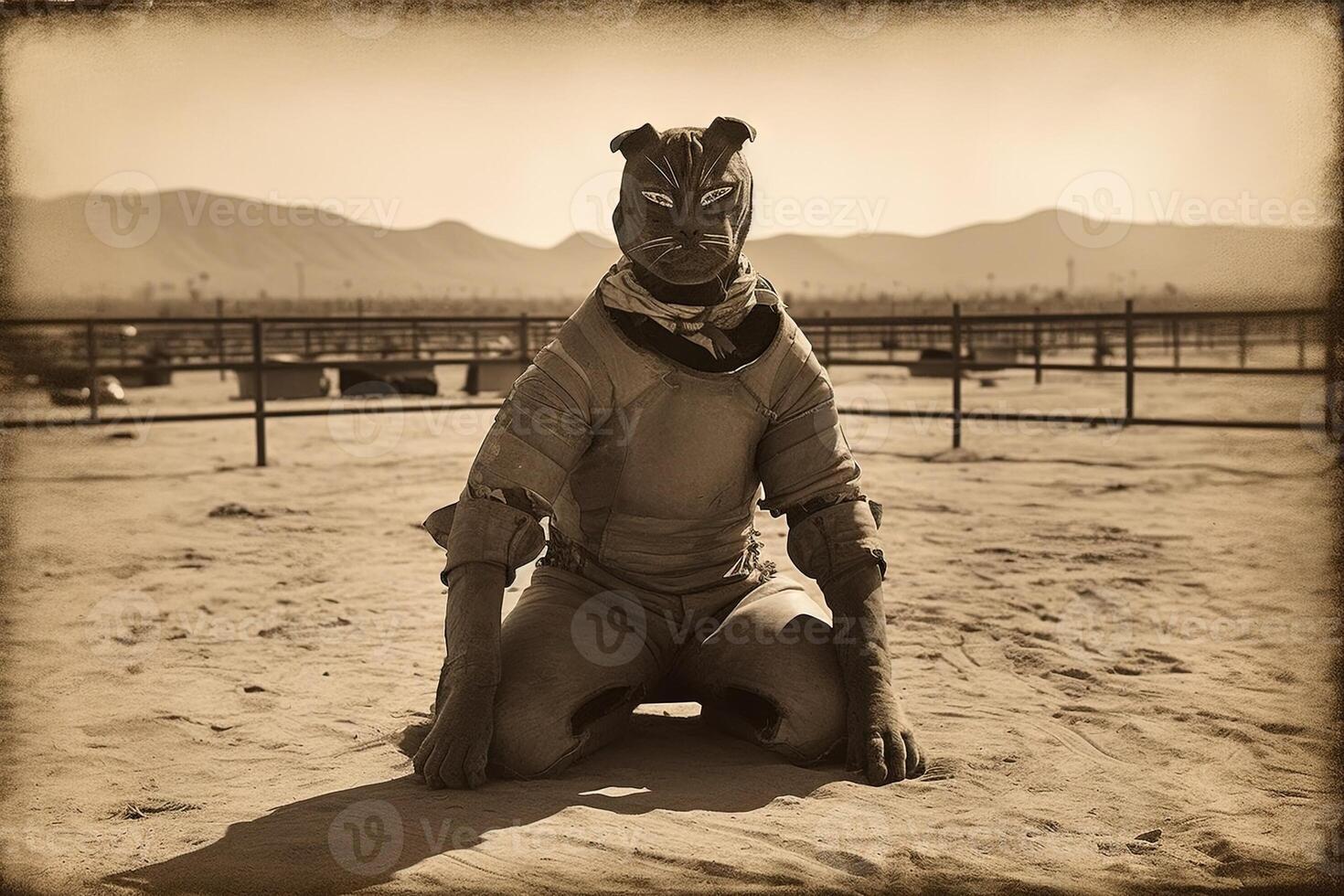 gato luchador vistiendo un lucha disfraz 1920 estilo ilustración generativo ai foto