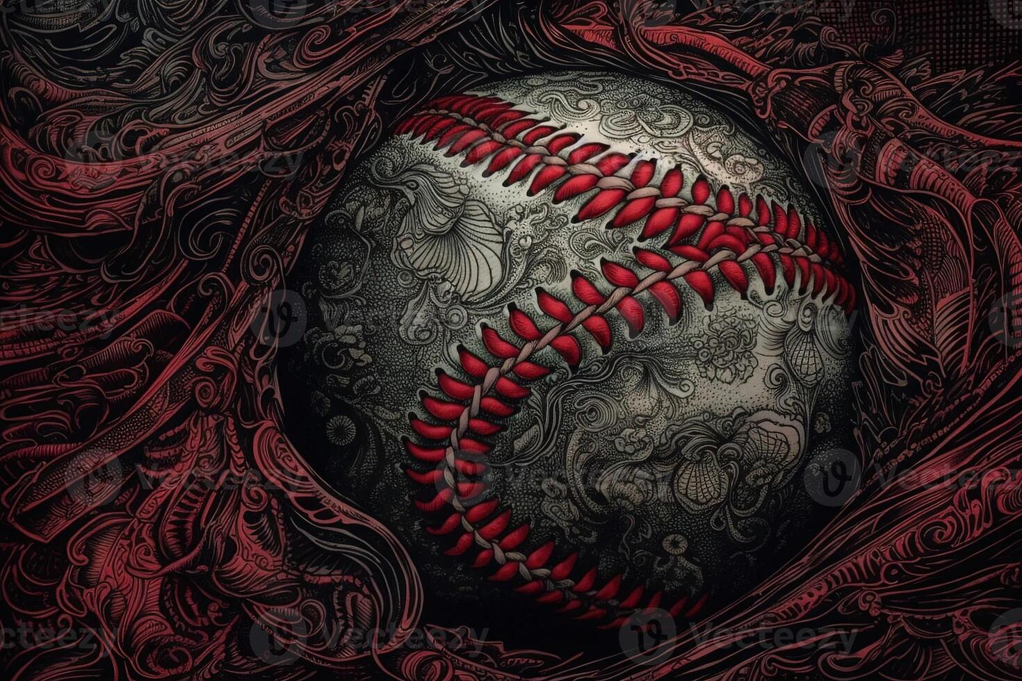 Emboidered red baseball ball manga style illustration photo