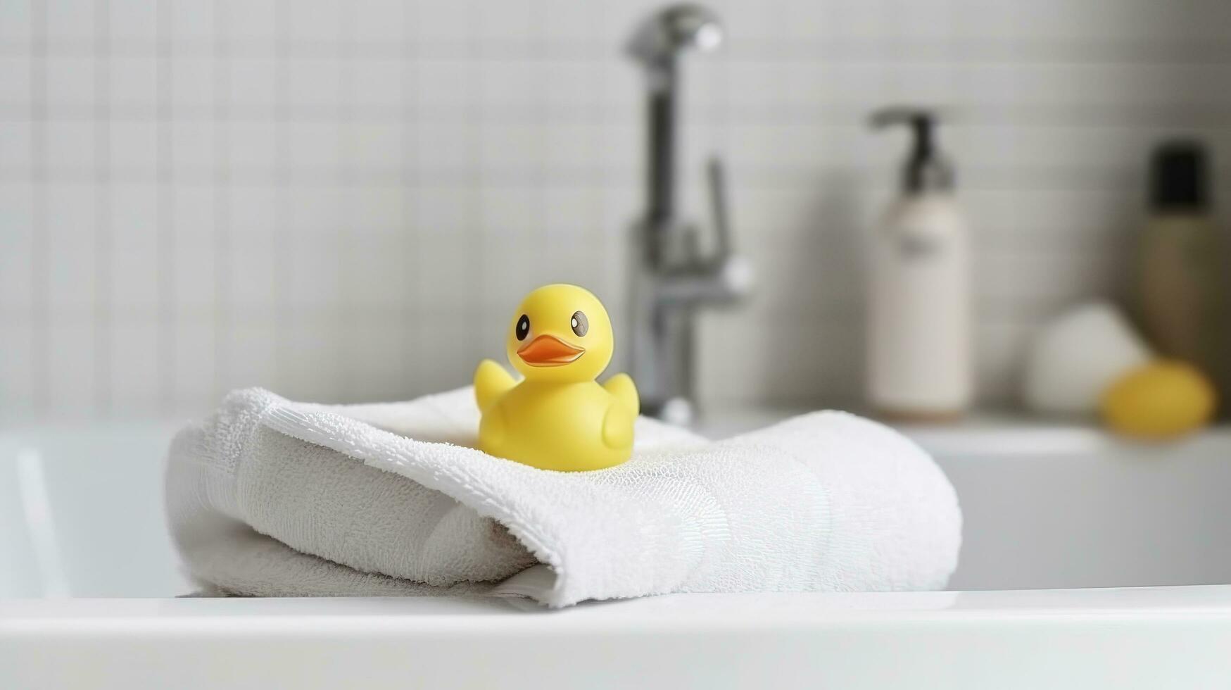 Yellow rubber duckling on white terry towel and two pieces soap, generate ai photo