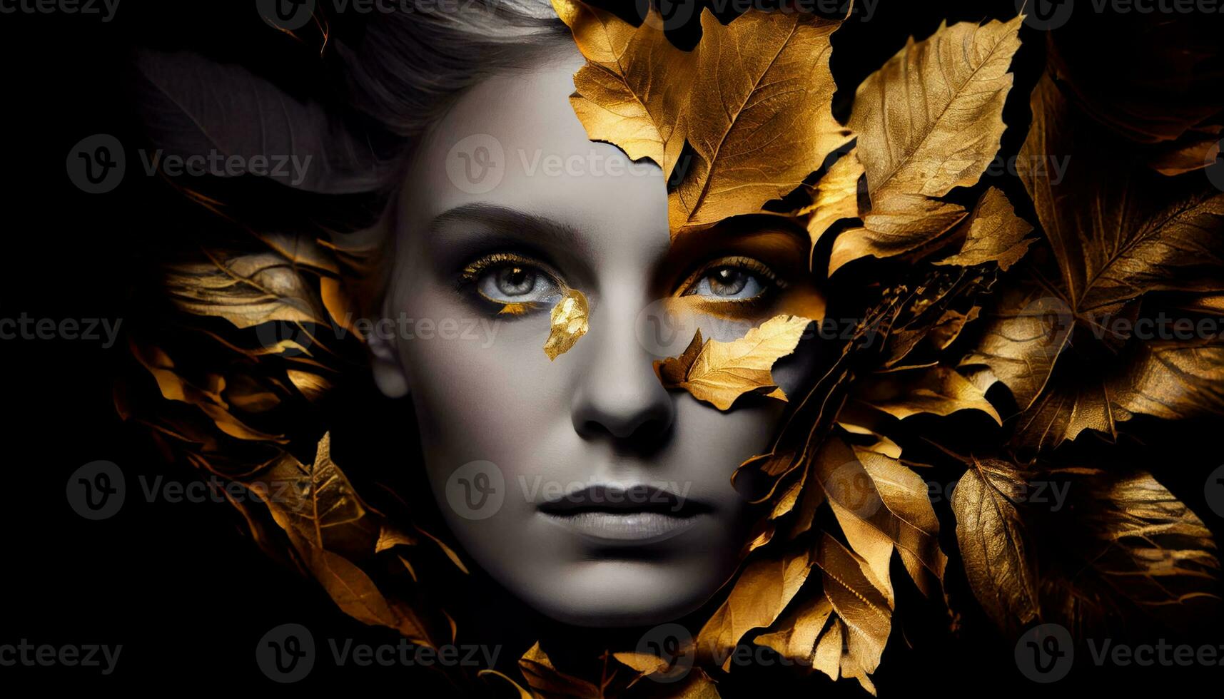 Woman sticking out of black and gold leaves. Generate Ai photo