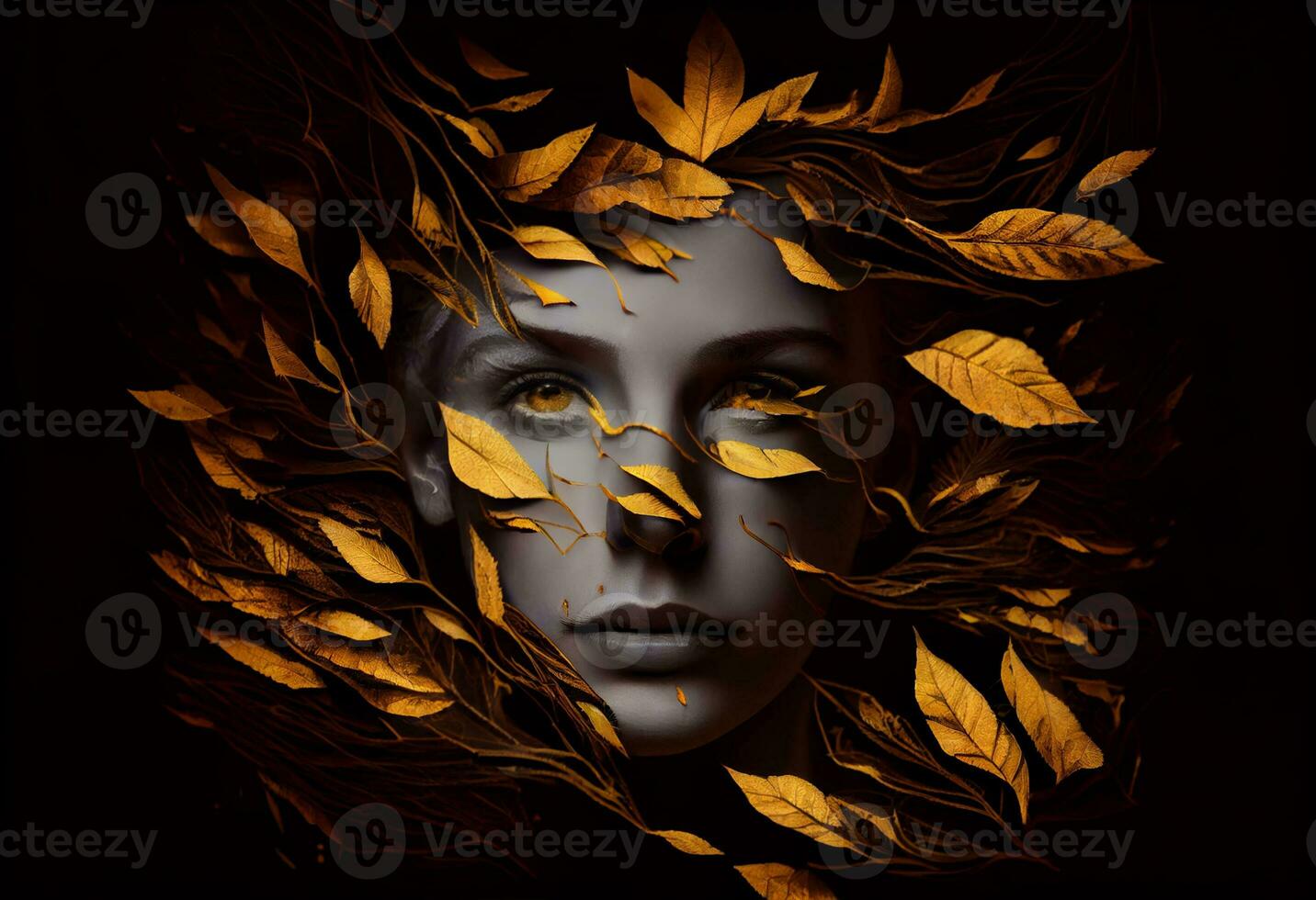 Woman sticking out of black and gold leaves. Generate Ai photo