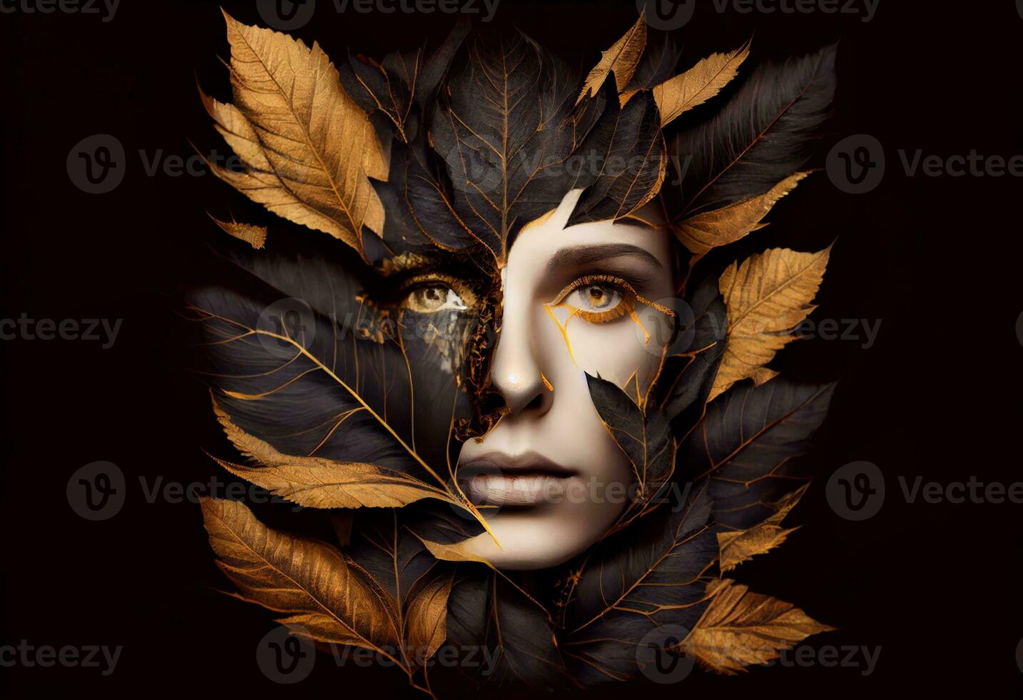 Woman sticking out of black and gold leaves. Generate Ai photo