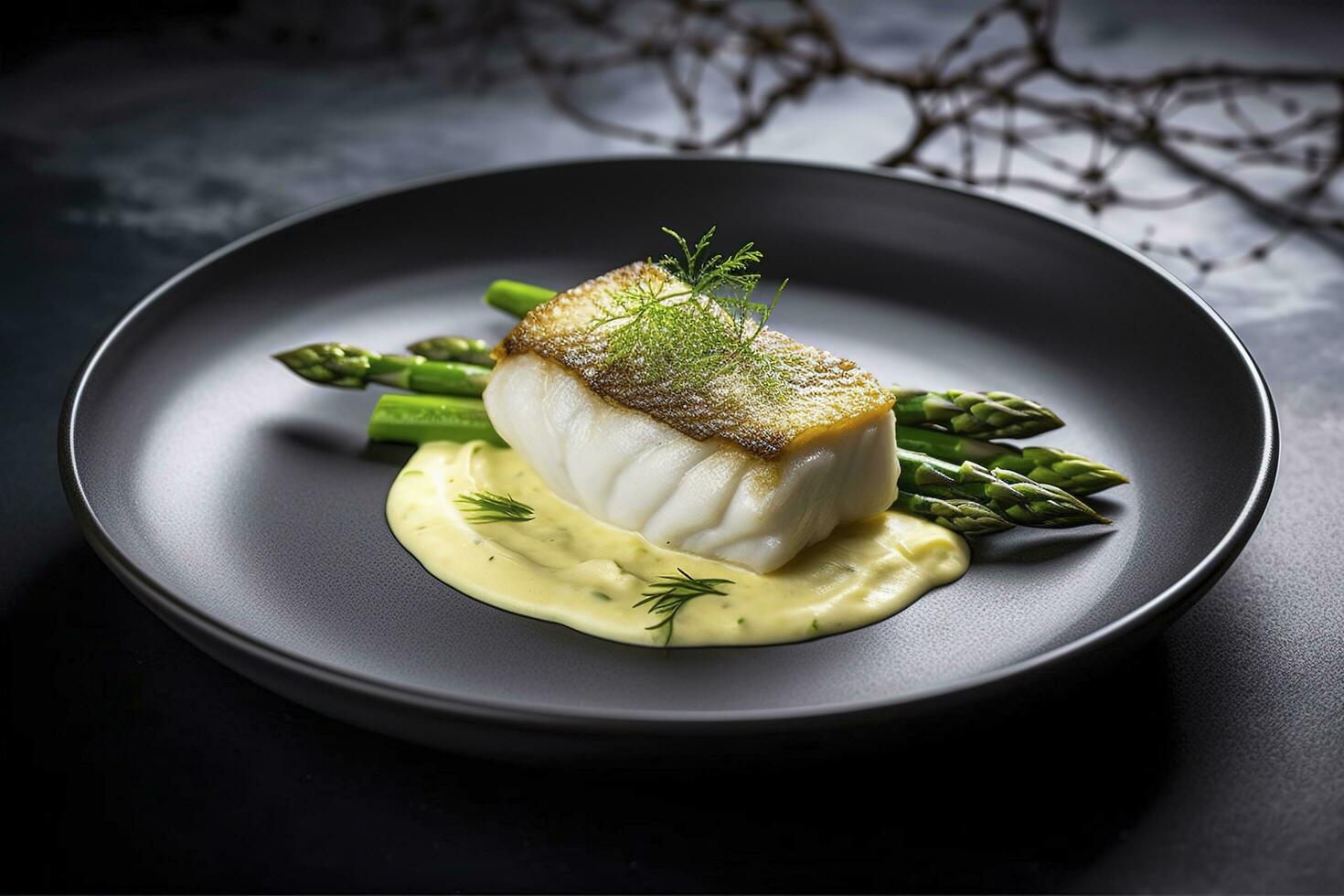Traditional Fried Skrei Cod Fish Fillet with Green Asparagus Tips and Mashed Potato Cream in Parmesan Olive Oil Sauce as Closeup on a Modern Design Plate with Copy Space, generate ai photo