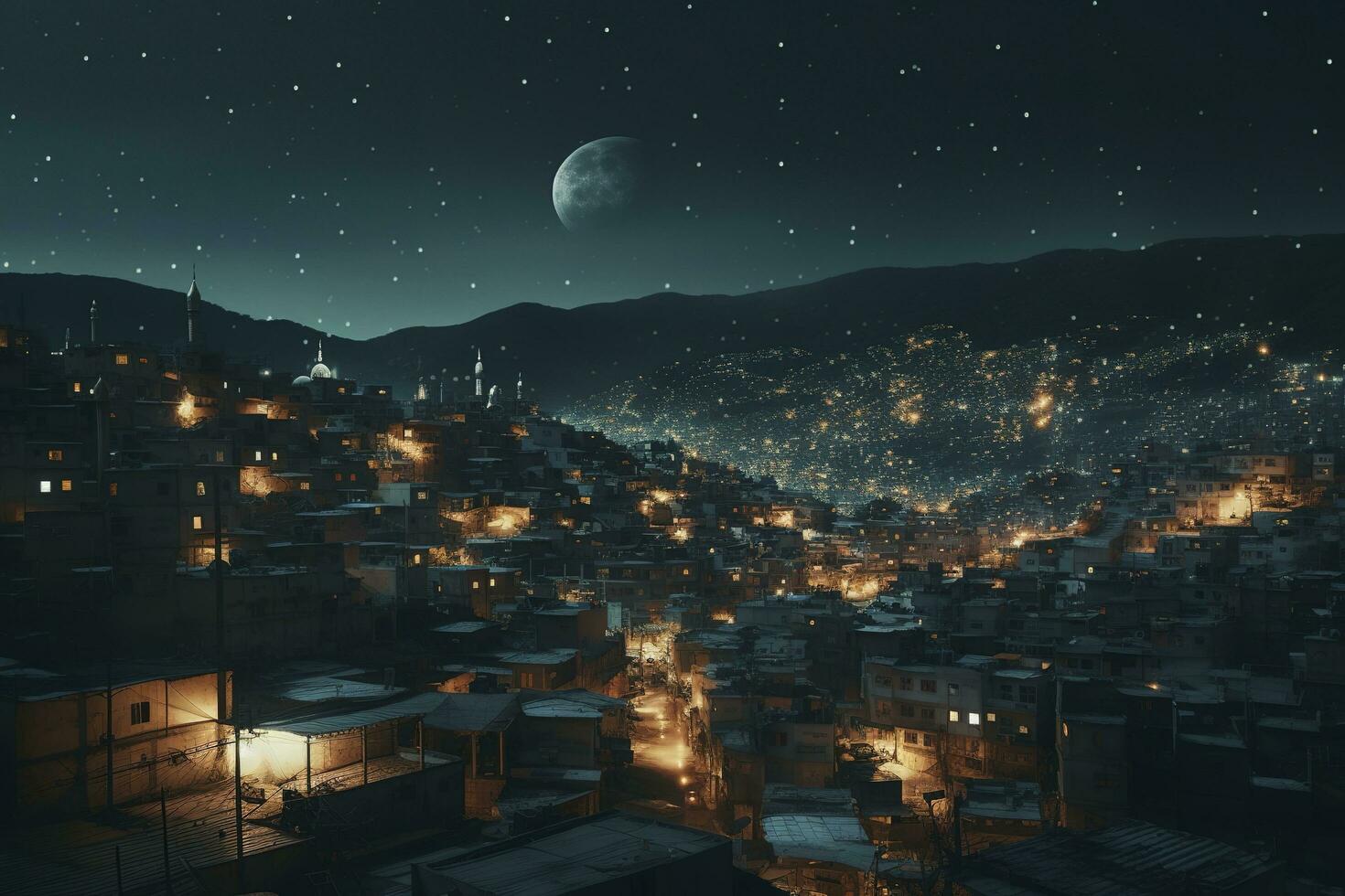 a city skyline with a full moon and city lights, in the style of web Anderson, Sultan Mohammed, Alex Prager, Quito school, cinematic stills, frost punk, glittery and shiny, generate ai photo