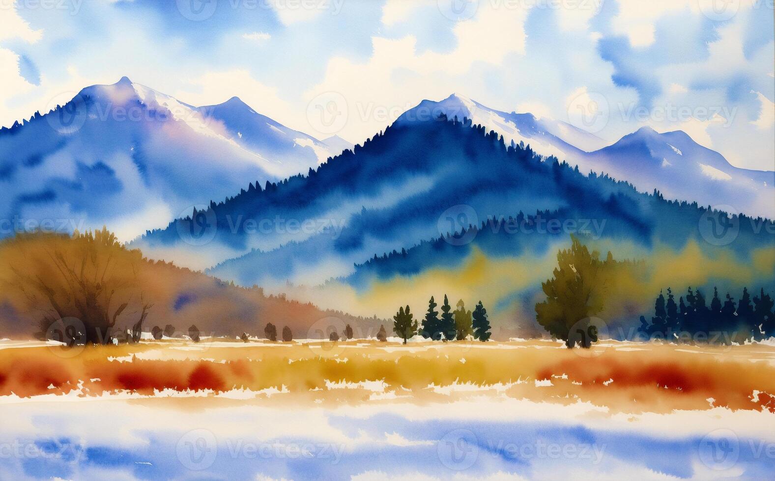 A beautiful scenery. Serene Summer Mountains. A Breathtaking Watercolor Scenery. photo