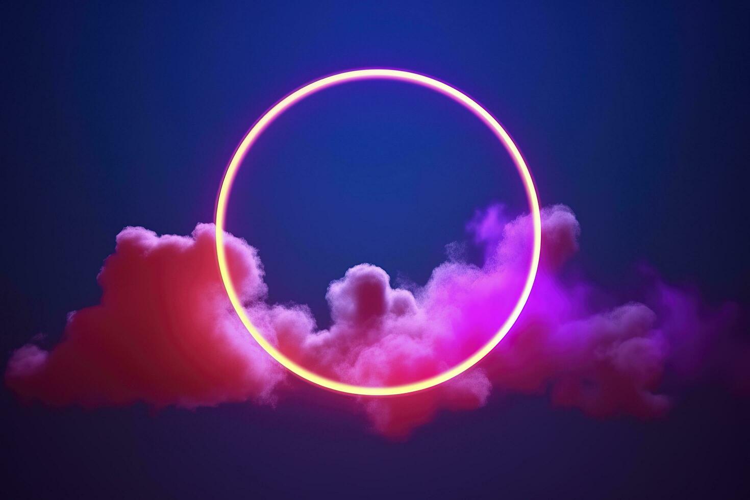 3d render, abstract cloud illuminated with neon light ring on dark night sky. Glowing geometric shape, round frame, generate ai photo