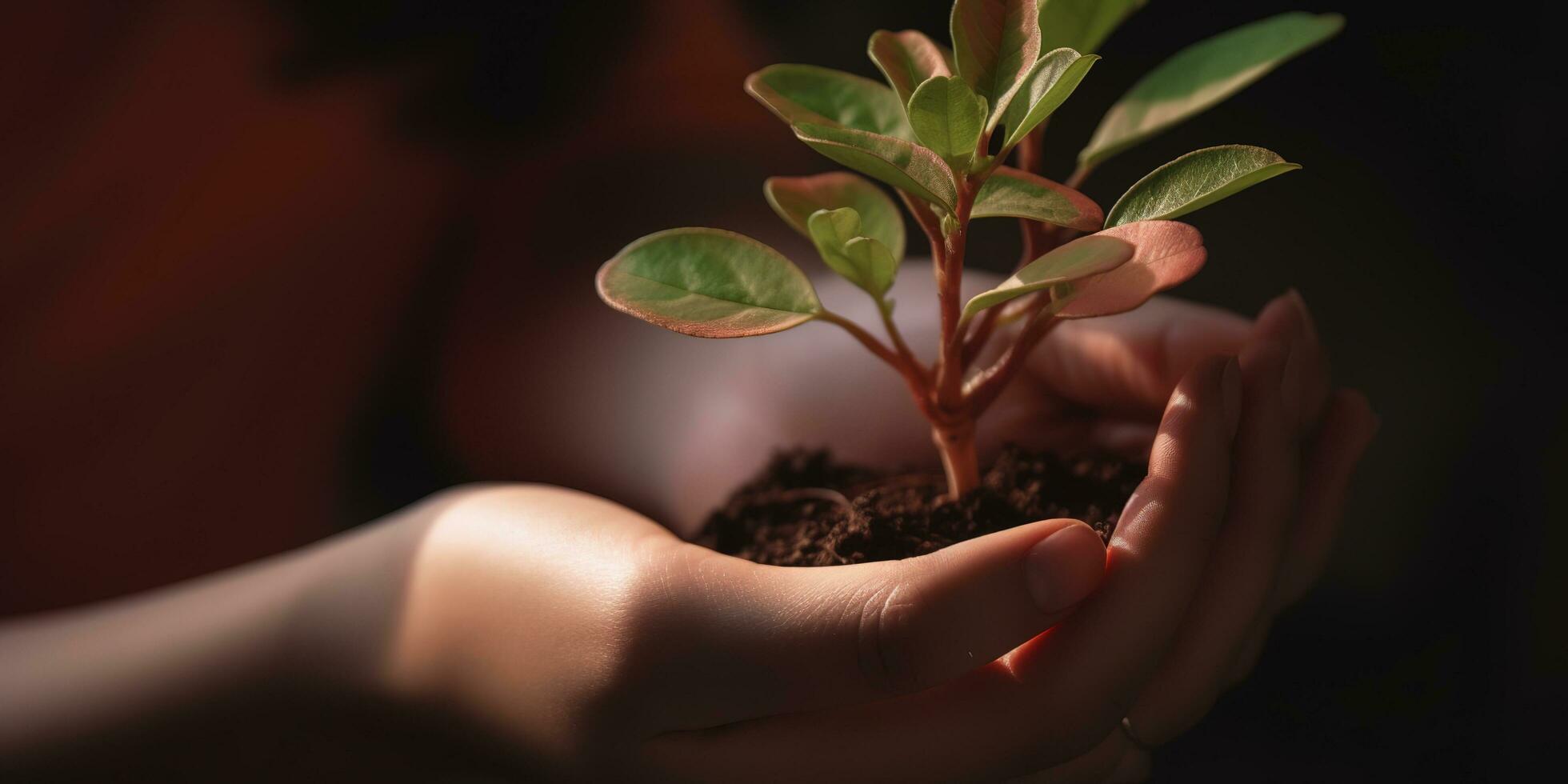 A child holding a plant in their hands with a green background and sunlight shining through the leaves on the plant, generate ai photo