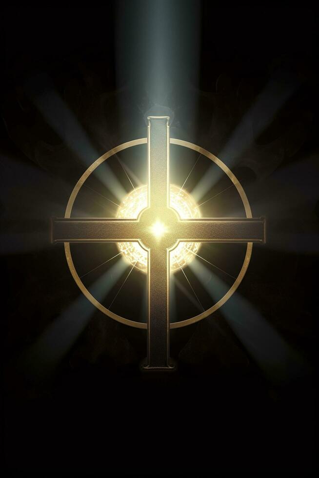 Religious cross abstract wallpaper with shining gold sparkles and radiant lights symbolism of heaven, generate ai photo