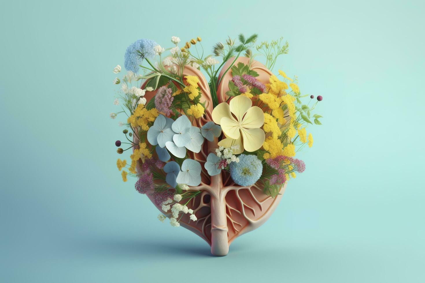 Human liver with flowers, pastel colors, on blue background, 3d render and illustration, generate ai photo