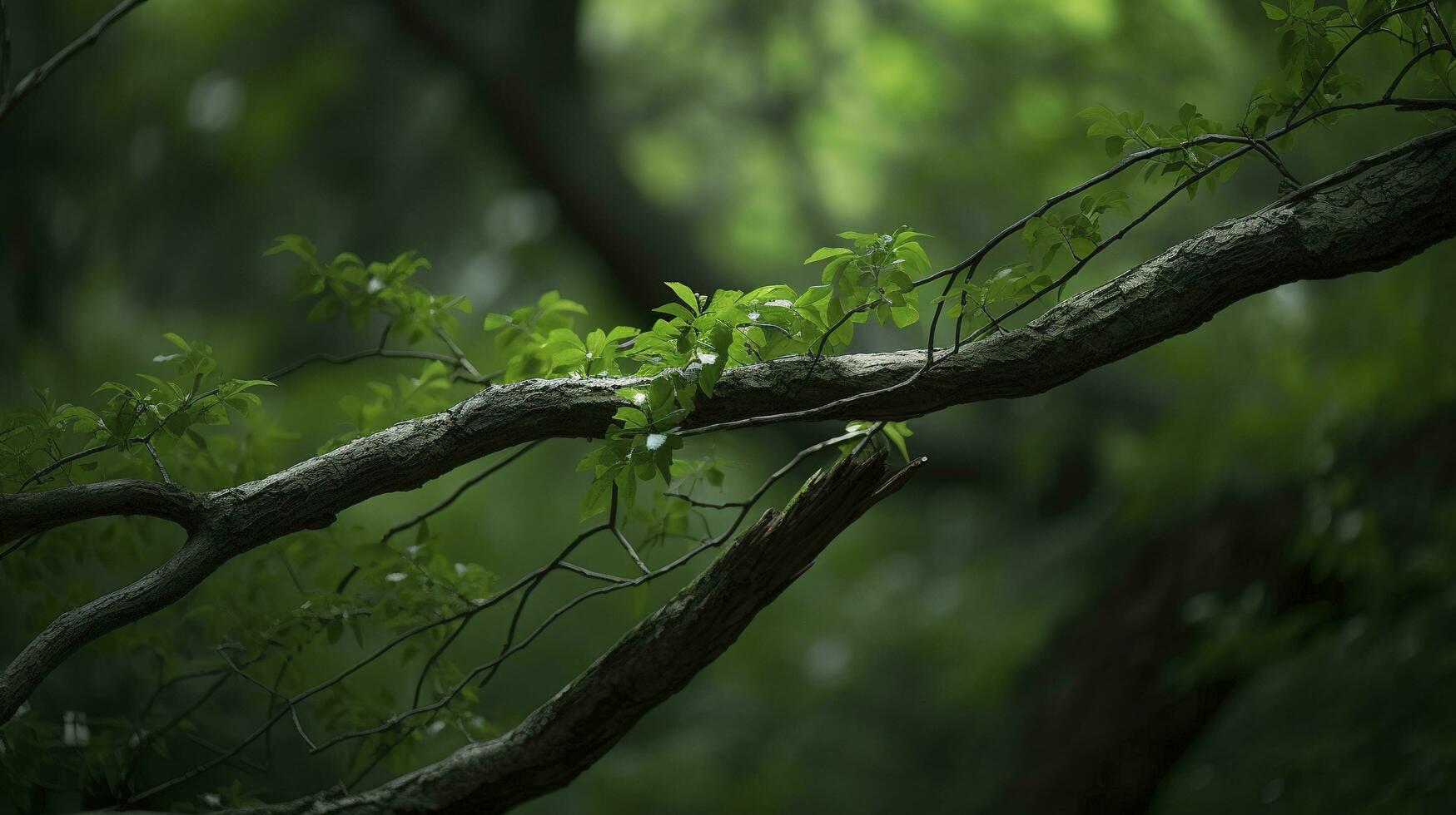 Earth Day and World Environment Day, Spring, Tropical tree leaves and branch with beautiful green forest background, generate ai photo