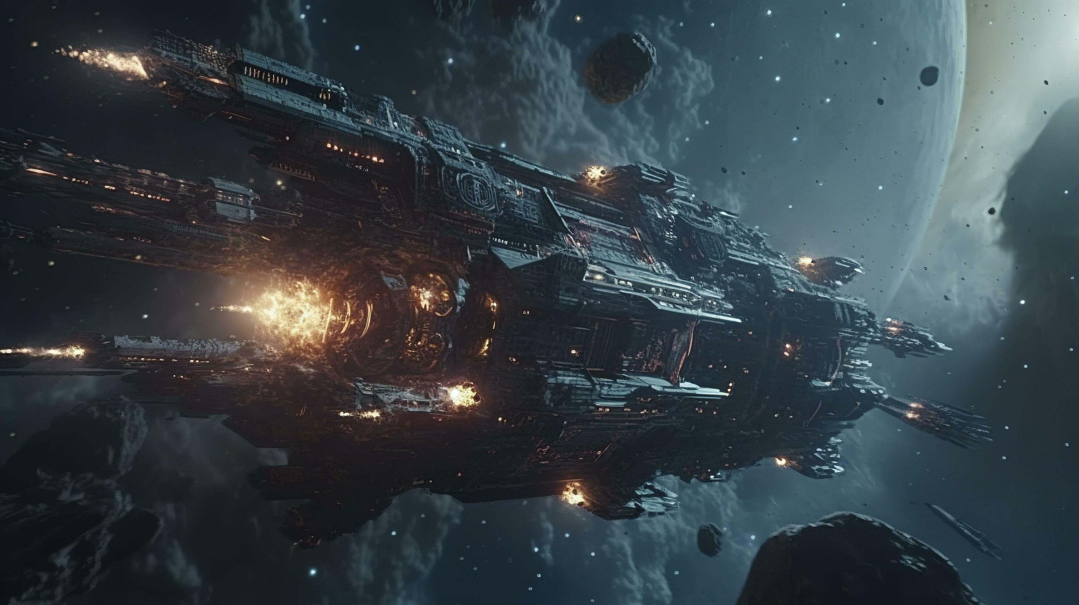 Cinematic Still, intense space battle between two massive battleships,  starry sky, nebulae, galaxies, HDR futuristic space battleship destroyers  traveling through an asteroid field, generate ai 24355281 Stock Photo at  Vecteezy