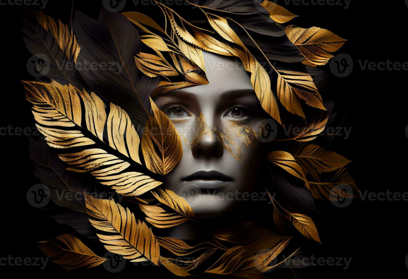 Woman sticking out of black and gold leaves. Generate Ai photo