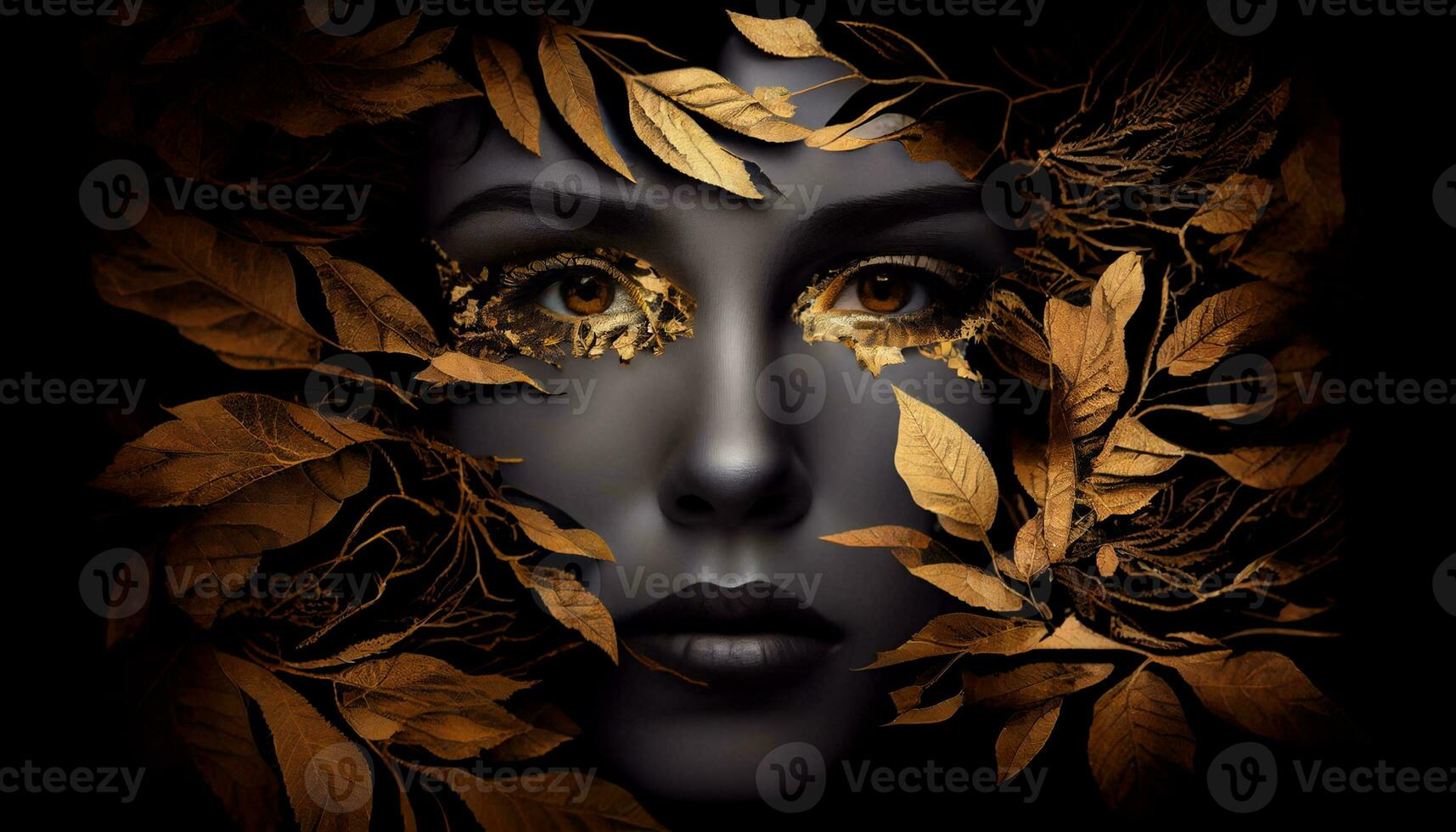 Woman sticking out of black and gold leaves. Generate Ai photo