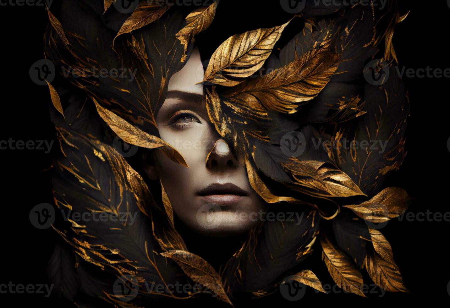 Woman sticking out of black and gold leaves. Generate Ai photo