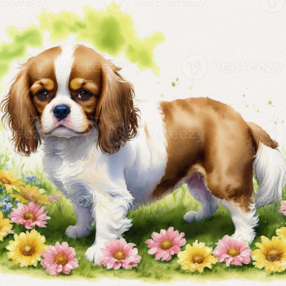 A beautiful Cavalier King Charles Spaniel dog. Watercolor painting. Graceful Elegance. photo