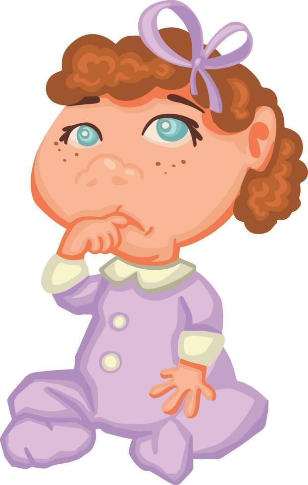 Little kid sits thoughtful, child vector