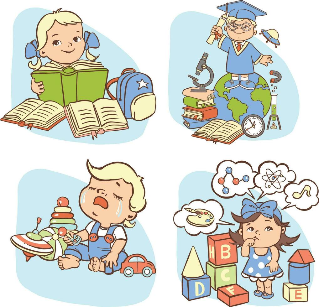 Set of kids scientists, toddler education illustration. vector