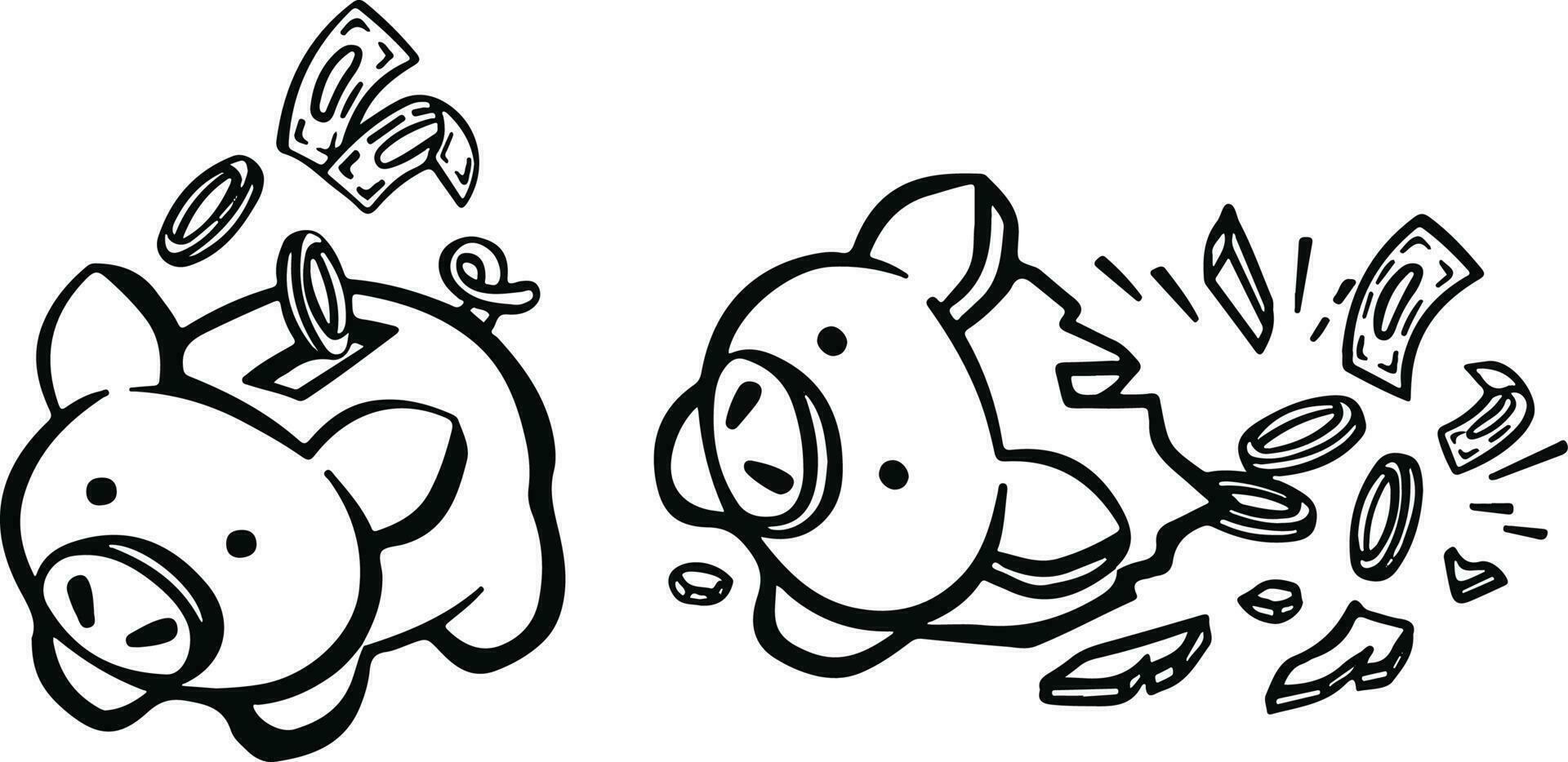 piggy bank set - whole and broken, accumulation of wealth,   illustration vector