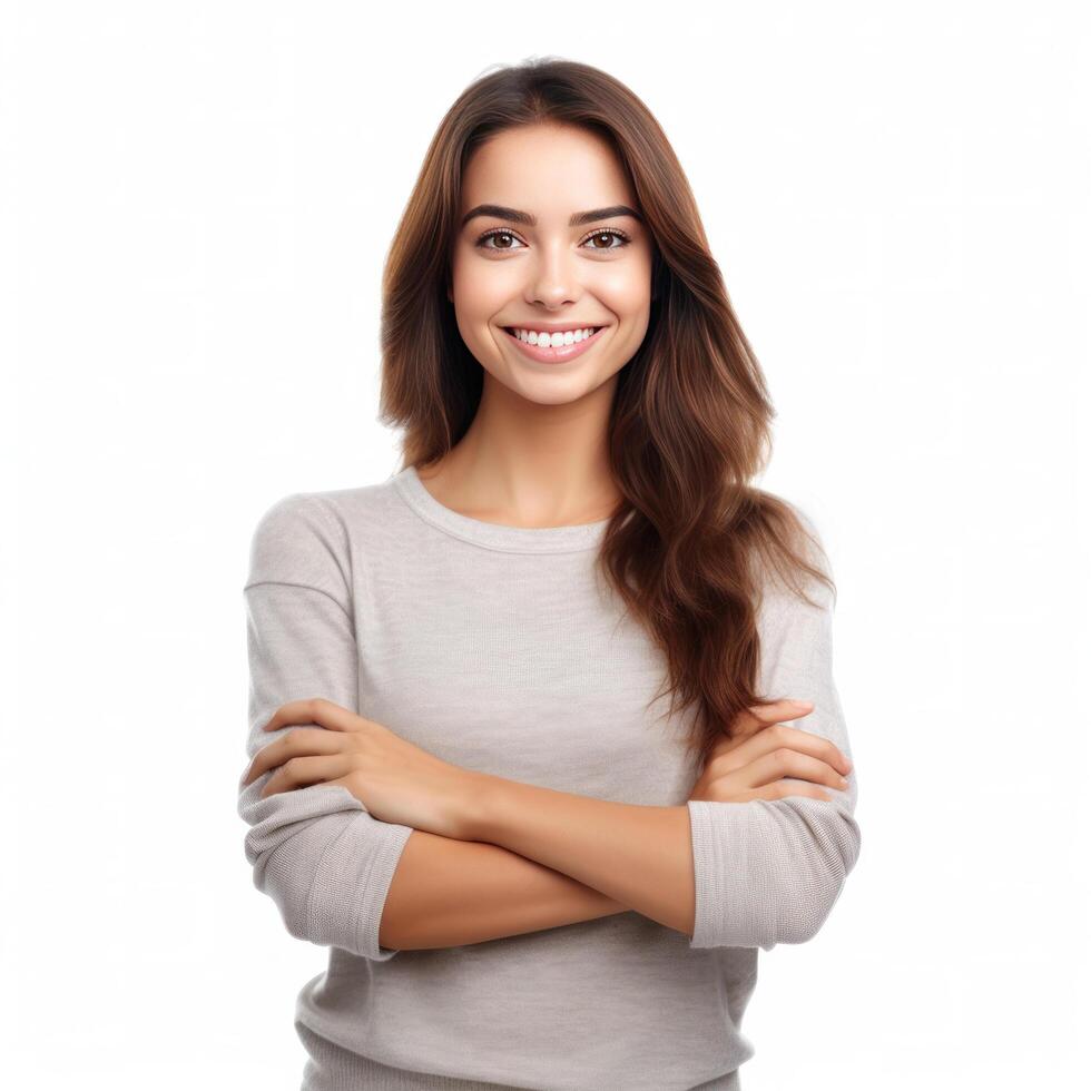 Young smiling woman looking at camera with crossed arms isolated. Illustration photo