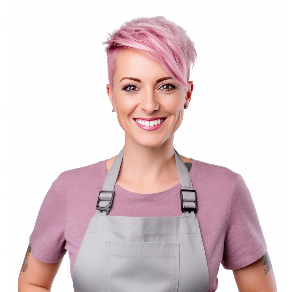 Happy woman , small business owner in casual wearing grey apron, isolated. Illustration photo