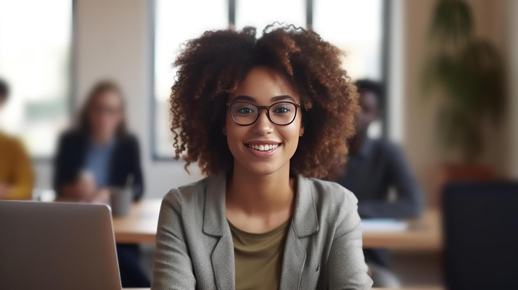 Happy girl standing in creative office. Illustration photo