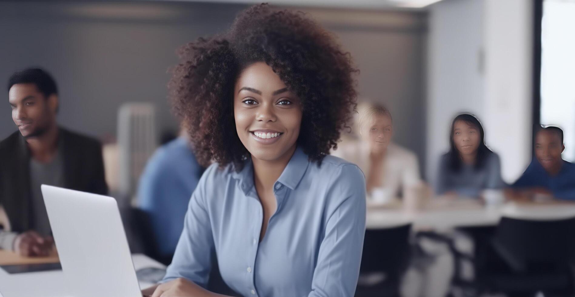 Happy girl standing in creative office. Illustration photo