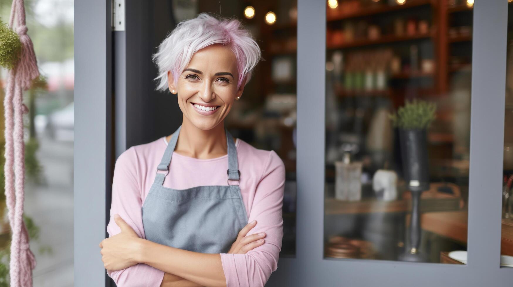 Happy woman , small business owner in casual wearing grey apron. Illustration photo
