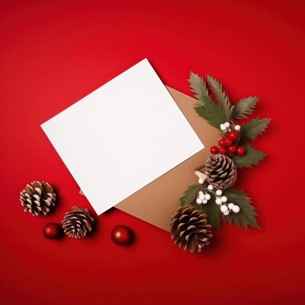 rojo Navidad antecedentes con blanco papel tarjeta. ilustración ai generativo foto