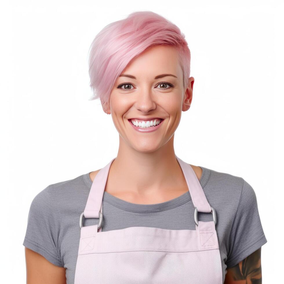 Happy woman , small business owner in casual wearing grey apron, isolated. Illustration photo