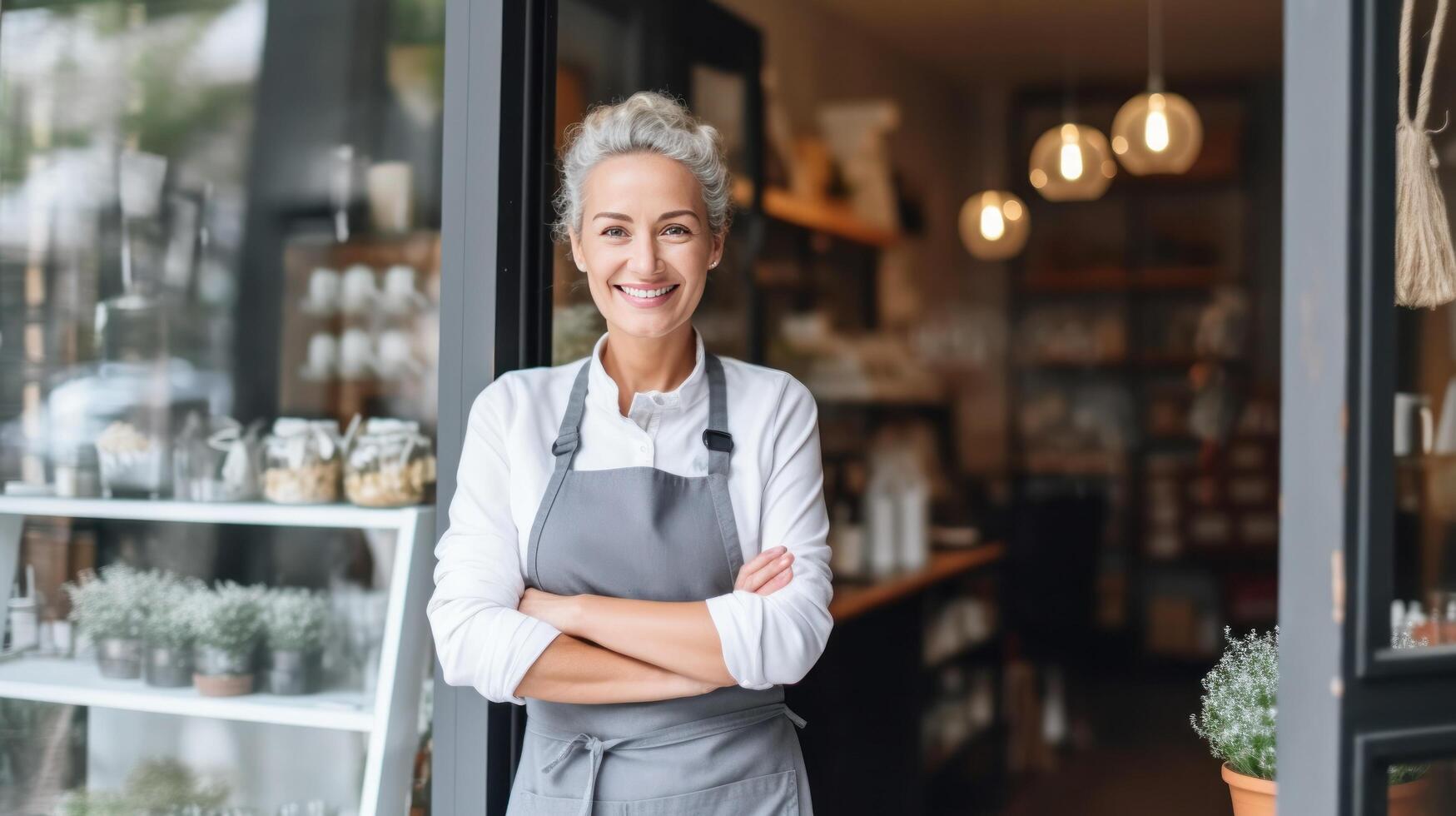 Happy woman , small business owner in casual wearing grey apron. Illustration photo