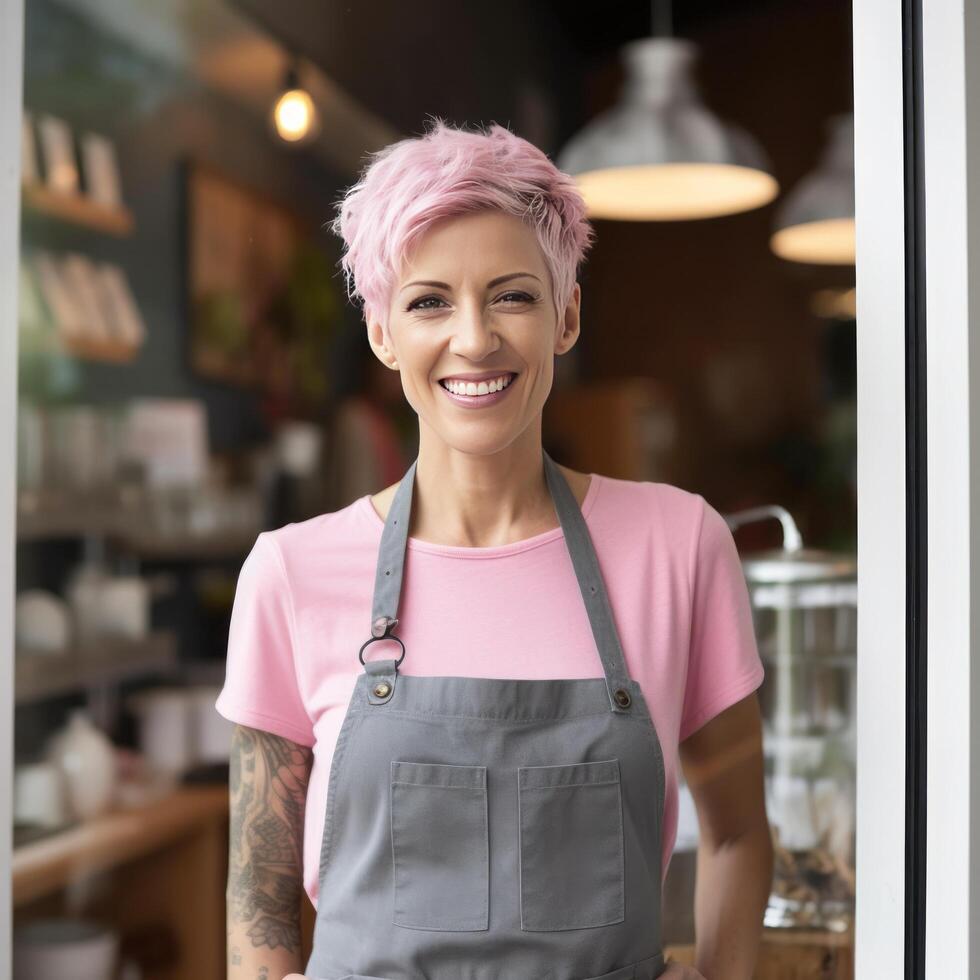 Happy woman , small business owner in casual wearing grey apron. Illustration photo