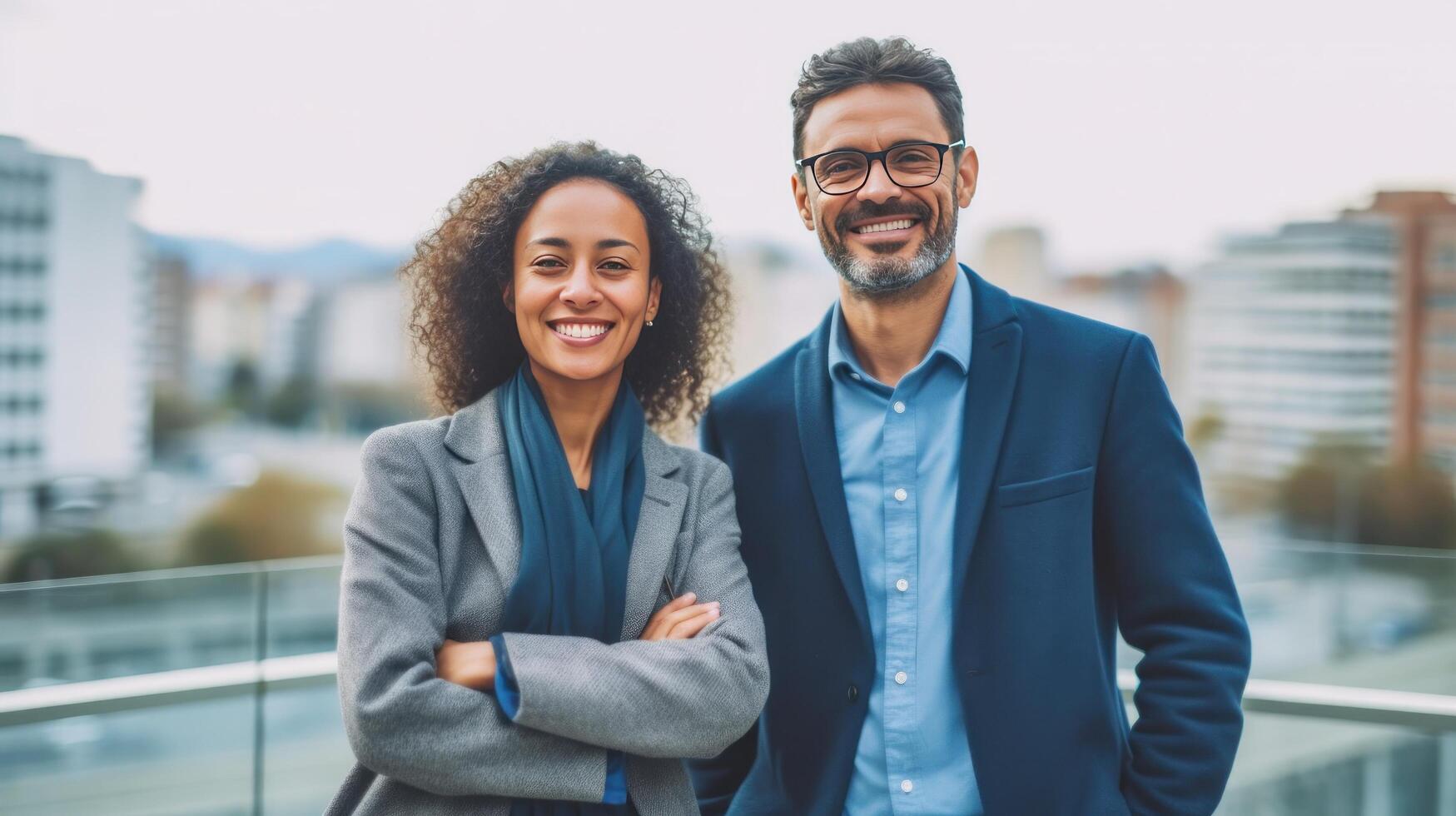 Portrait of happy multi ethnic business couple. Illustration photo