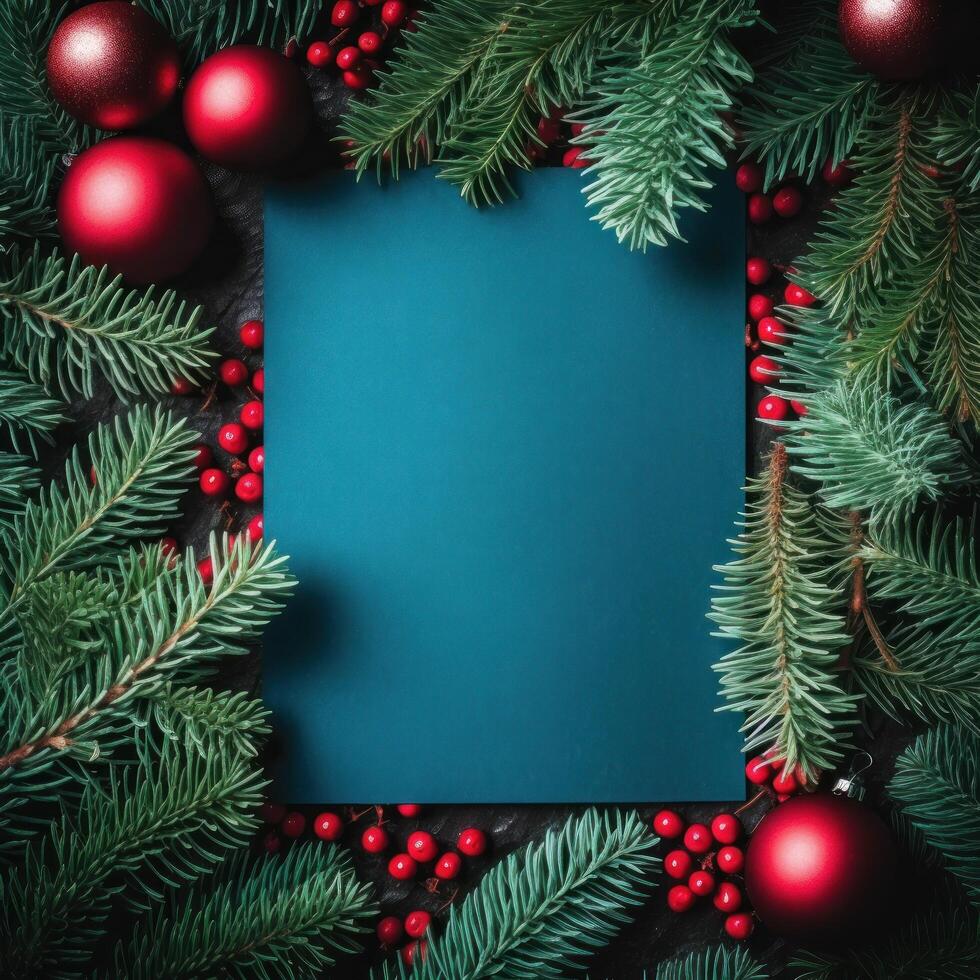 Empty paper on Christmas green background with fir. Illustration photo