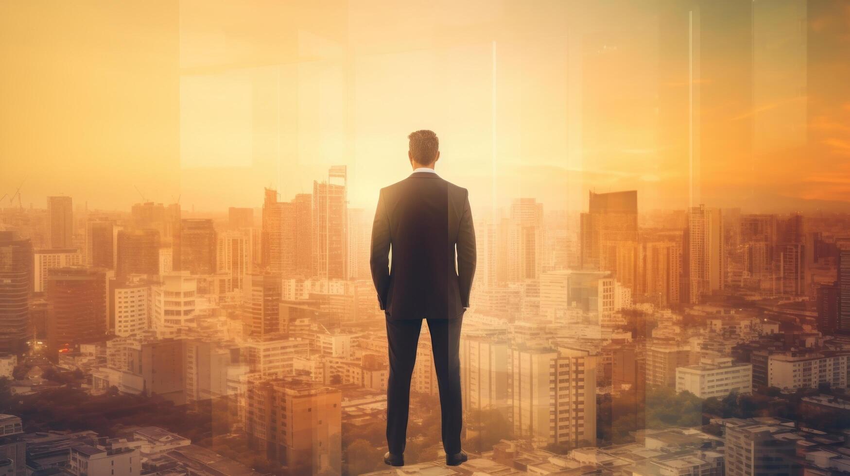 Business man standing back during sunrise overlay with cityscape Illustration photo