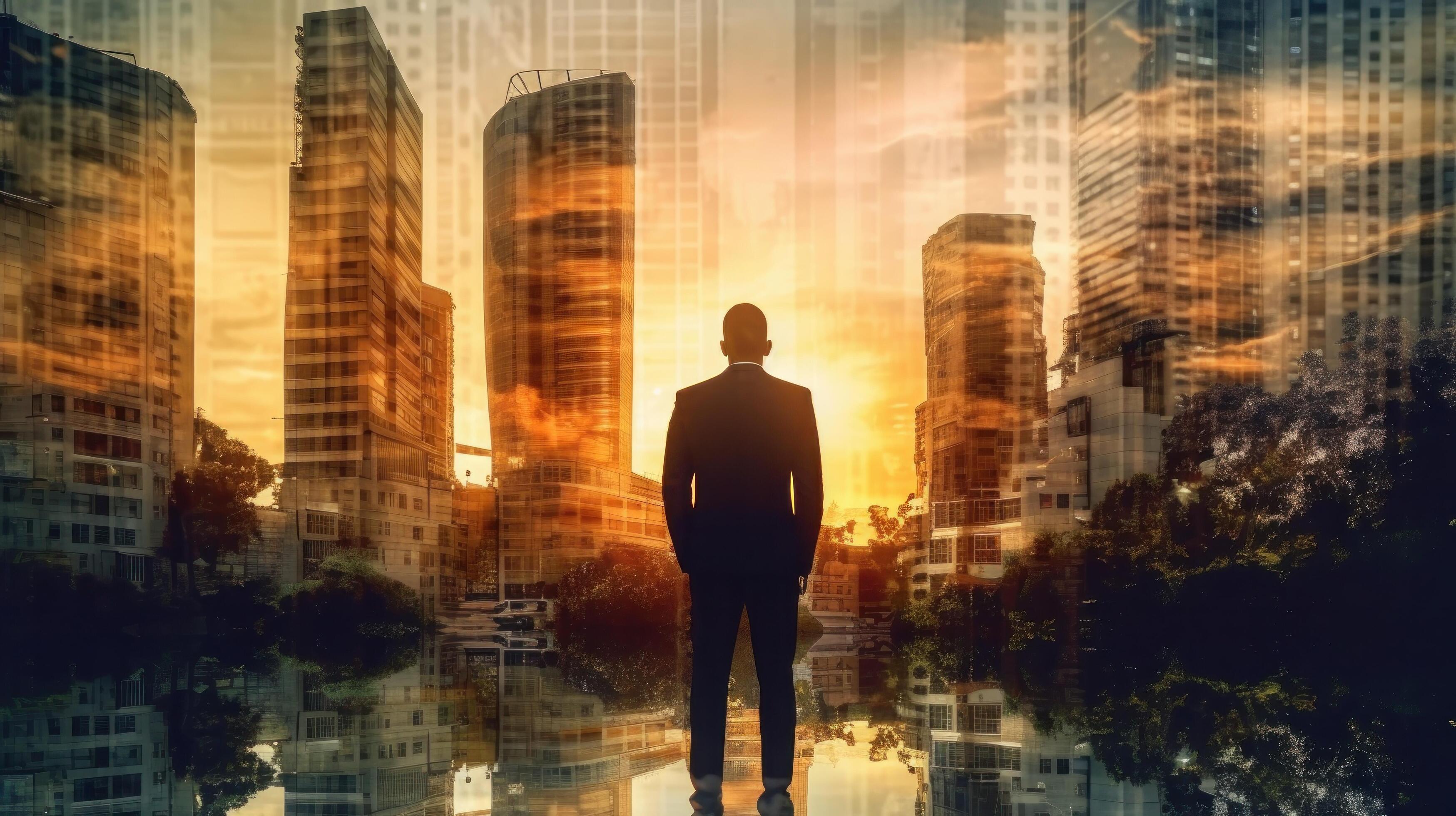 Business man standing back during sunrise overlay with cityscape