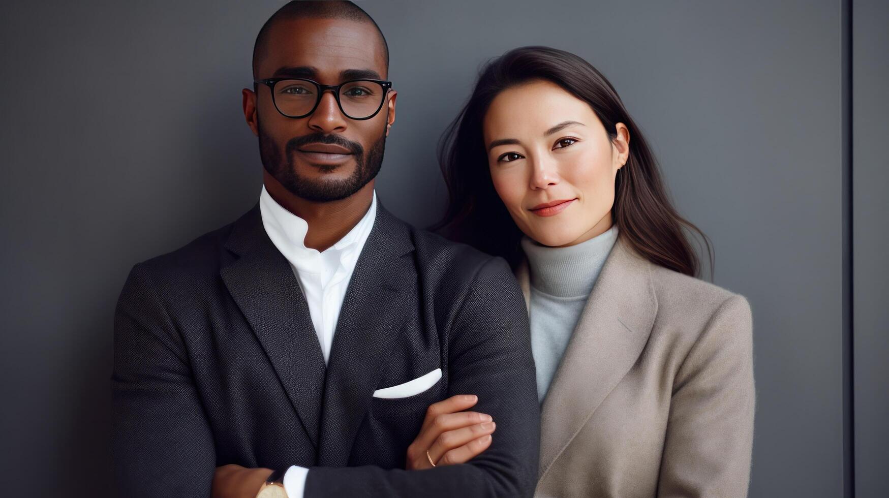 Portrait of happy multi ethnic business couple. Illustration photo