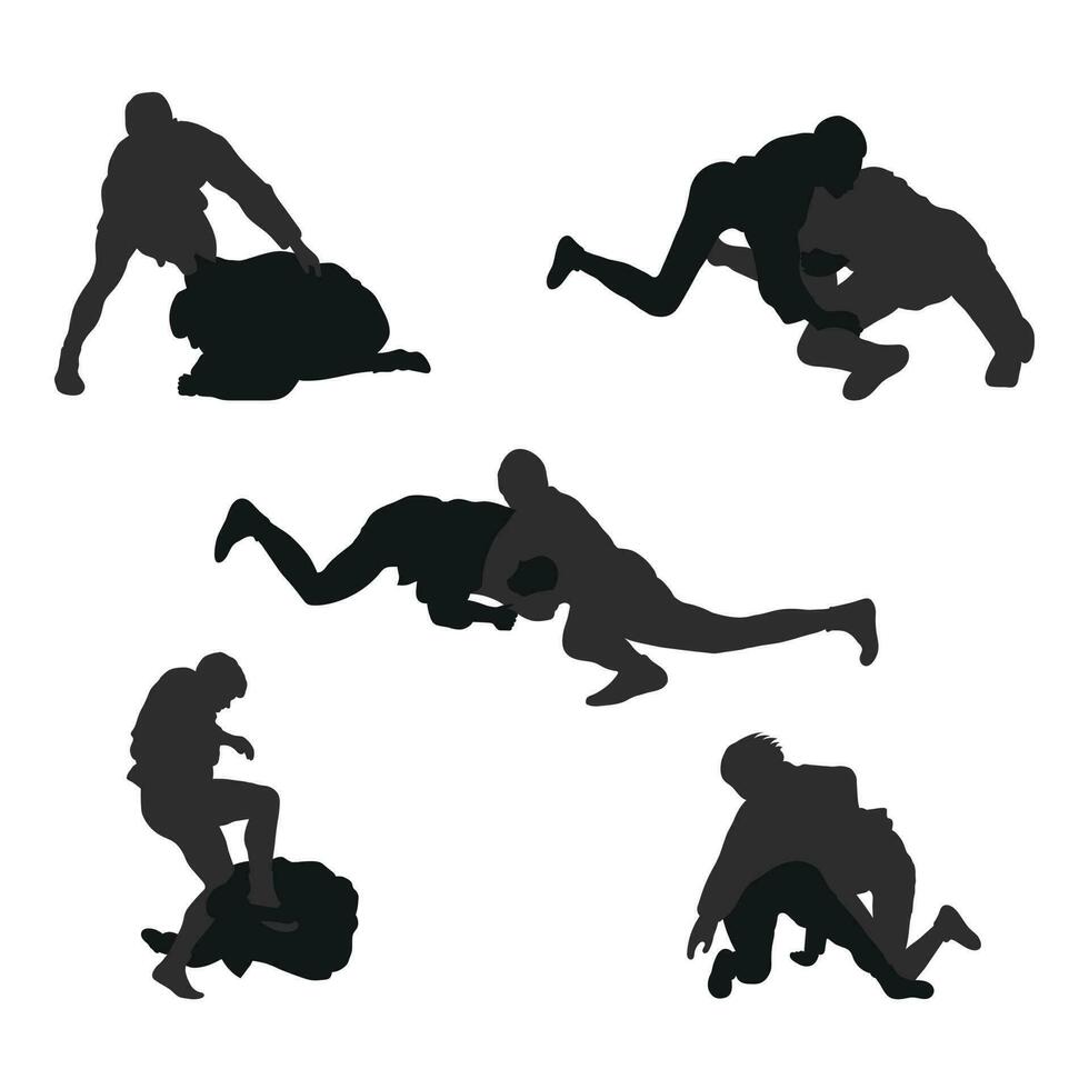 Set of real silhouettes of sambo athletes in sambo wrestling, combat sambo, duel, fight, jiu jitsu. Martial art, sportsmanship vector