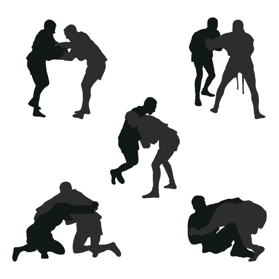 conjunto de realidad siluetas de sambo Atletas en sambo lucha, combate sambo, duelo, luchar, jiu jitsu marcial arte, deportividad vector