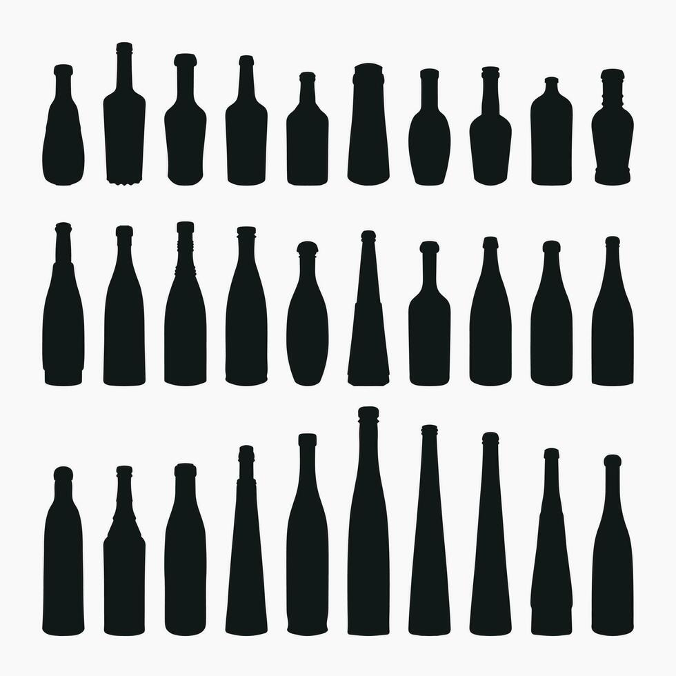 Shape of silhouettes of glass bottles for alcohol, wine, whiskey, vodka, brandy, cognac, beer, kvass, champagne, liqueur vector