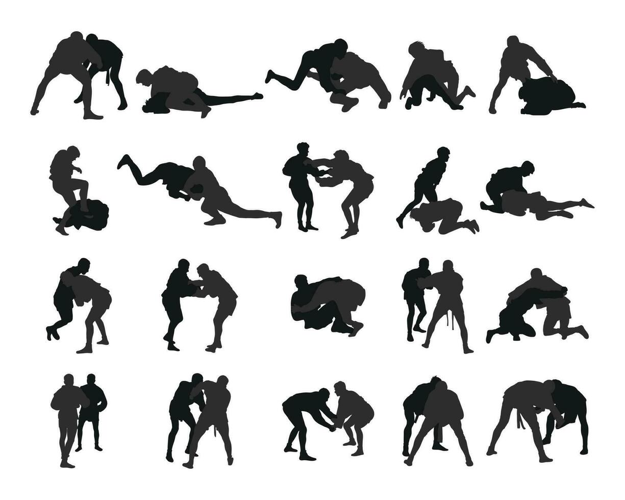 Set of realness silhouettes of sambo athletes in sambo wrestling, combat sambo, duel, fight, fistfight, struggle, tussle, brawl, jiu jitsu. Martial art, sportsmanship vector