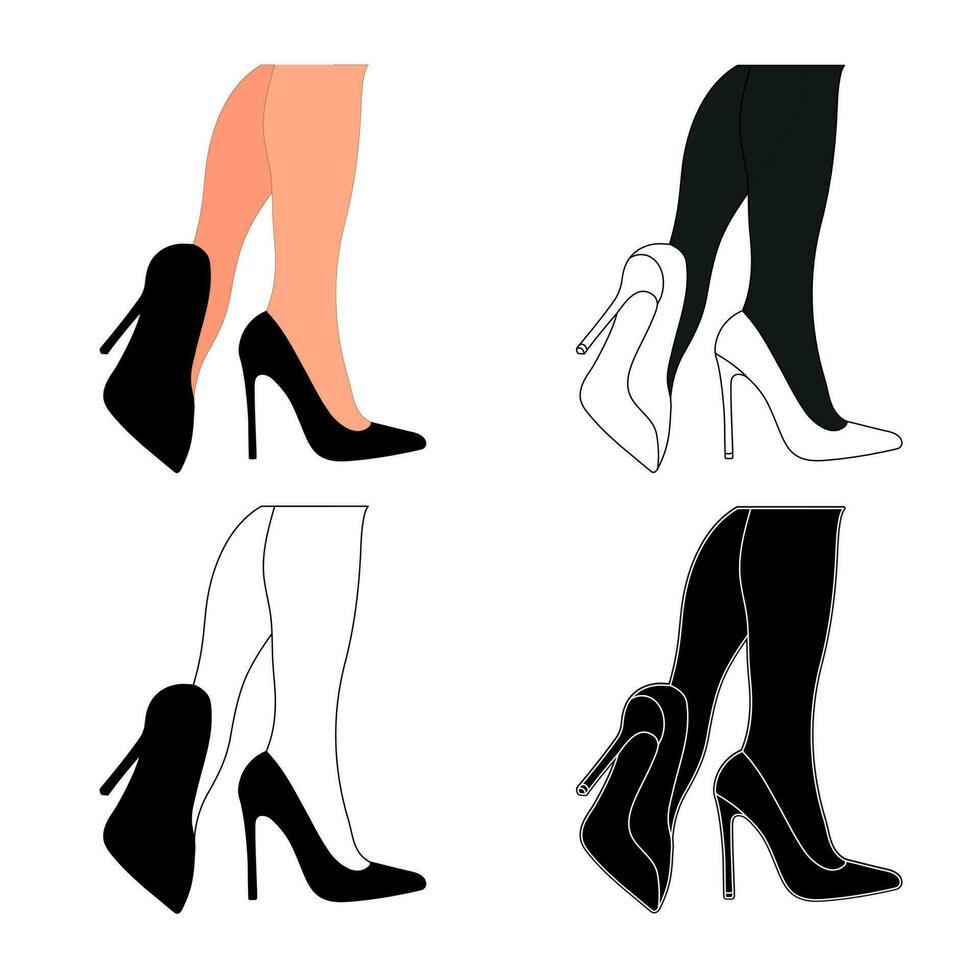 Silhouette outline of female legs in a pose. Shoes stilettos, high heels. Walking, standing, running, jumping, dance vector