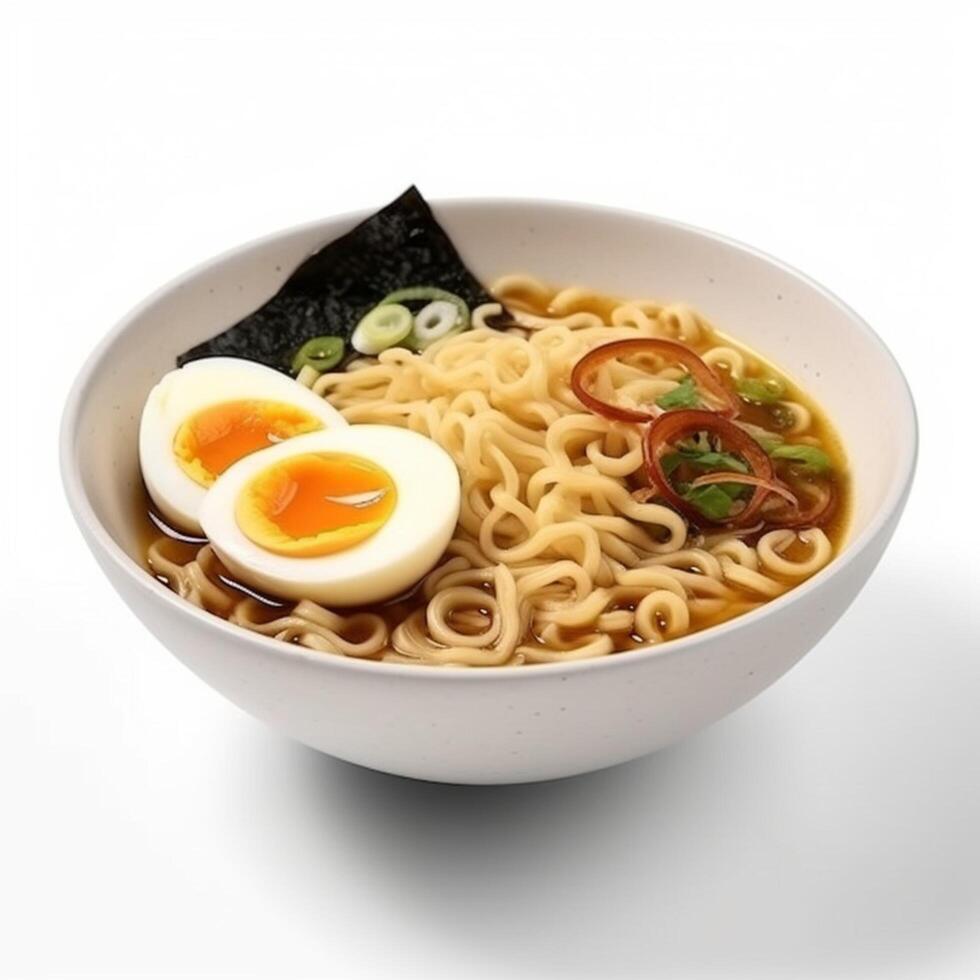 cerca arriba de ramen en cuenco en blanco antecedentes ai generado foto