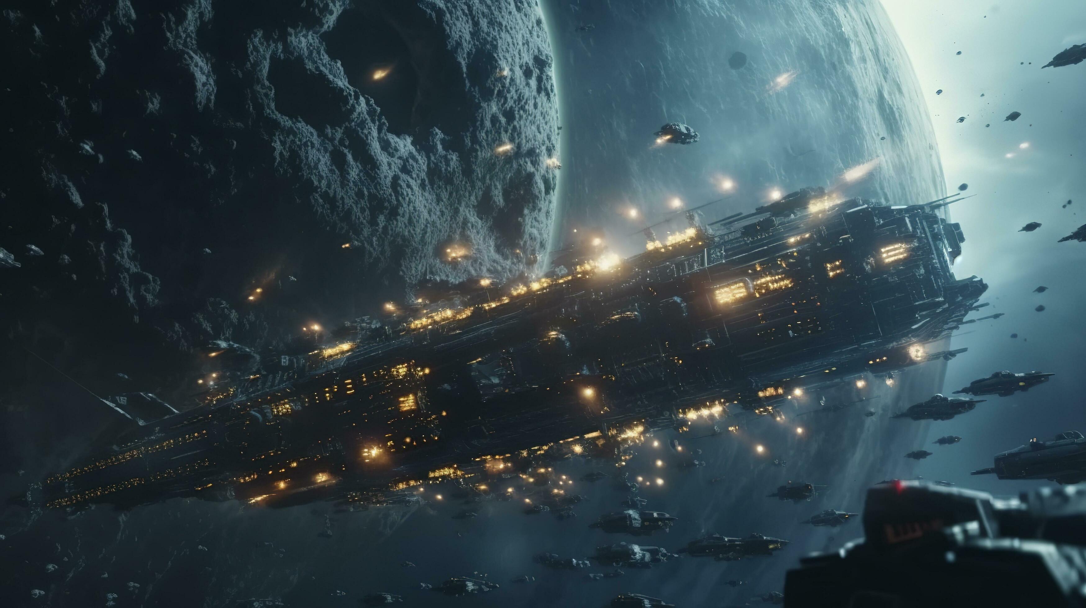 SuperHumanEpoch: Cinematic Still, intense space battle between two massive  battleships, starry sky, nebulae, galaxies, HDR futuristic space battleship  destroyers traveling through an asteroid field, planer in the isolated  blurred background