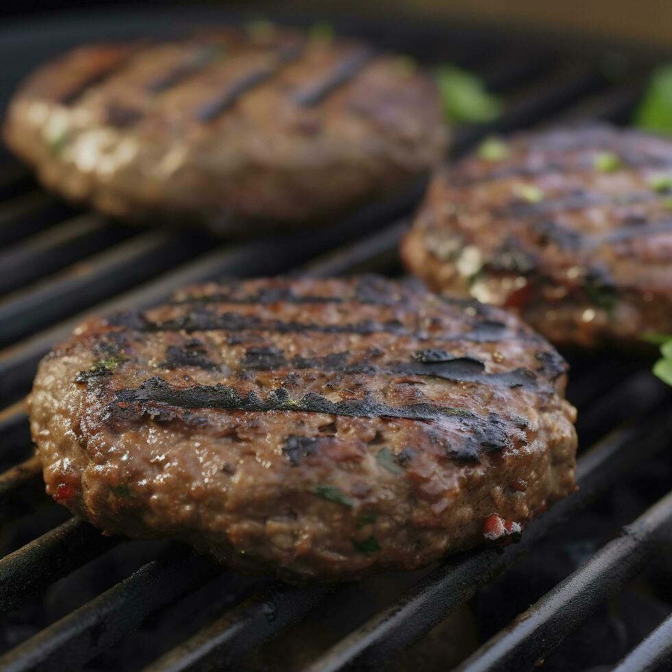 Tasty grilled hamburger patties with seasonings on wooden table, closeup, generate ai photo