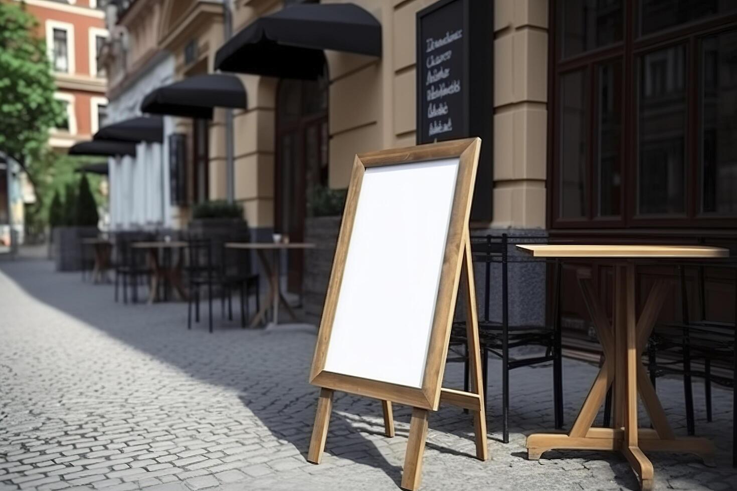 Blank restaurant shop sign or menu boards near the entrance to restaurant. Cafe menu on the street. Blackboard sign in front of a restaurant. Signboard, freestanding A-frame blackboard. . photo