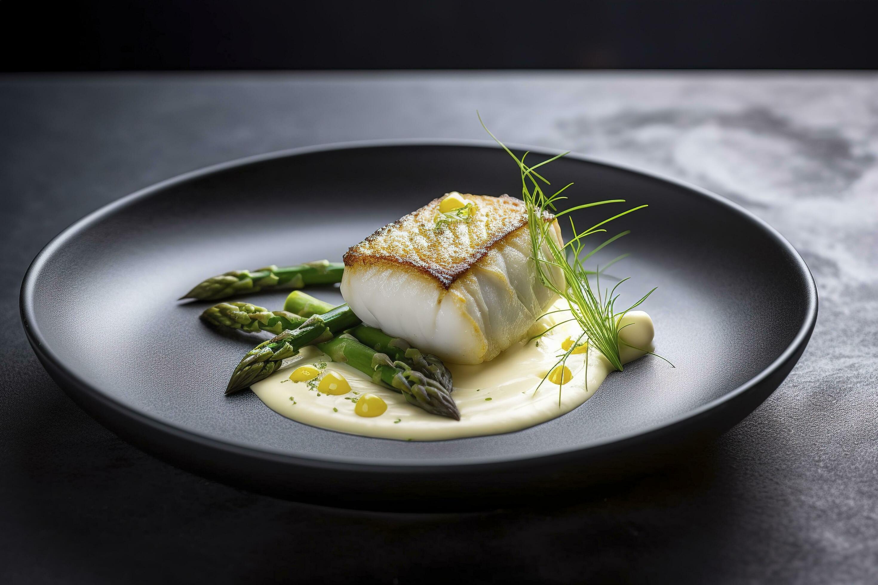 Traditional Fried Skrei Cod Fish Fillet with Green Asparagus Tips and